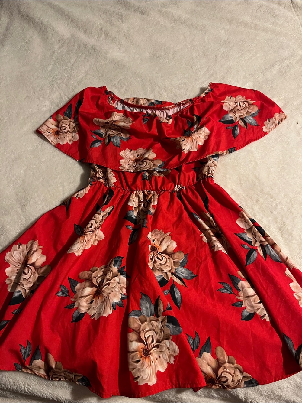 Red Floral Off-Shoulder Casual Dress